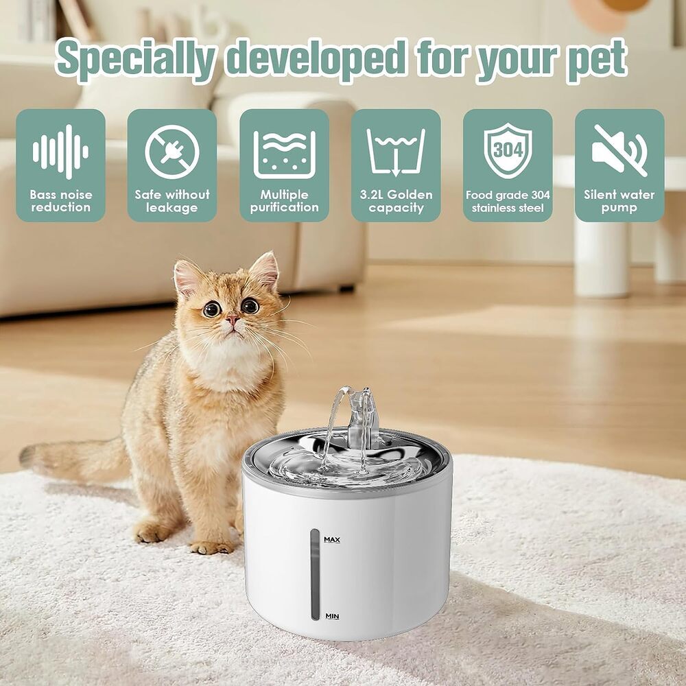 Ultra-Quiet, Spacious 108oz/3.2L Stainless Steel Cat Water Fountain ...