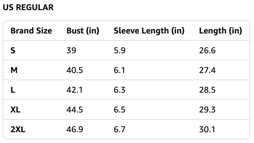 T-shirt size chart with bust, sleeve, and length measurements