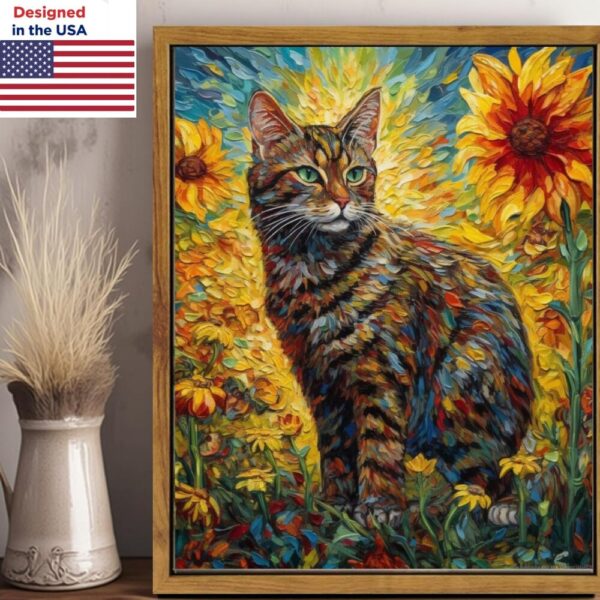 Cat Wall Art – 8"x10" Framed Sunflower Scene